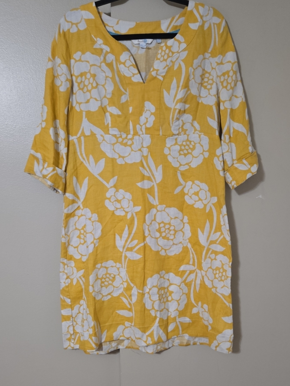 Boden Mustard Yellow & White Floral V-Neck Tunic Dress Size 10R